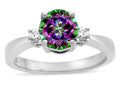 Star K  3 Three Stone Round Rainbow Mystic Topaz Classic Engagement Promise Ring