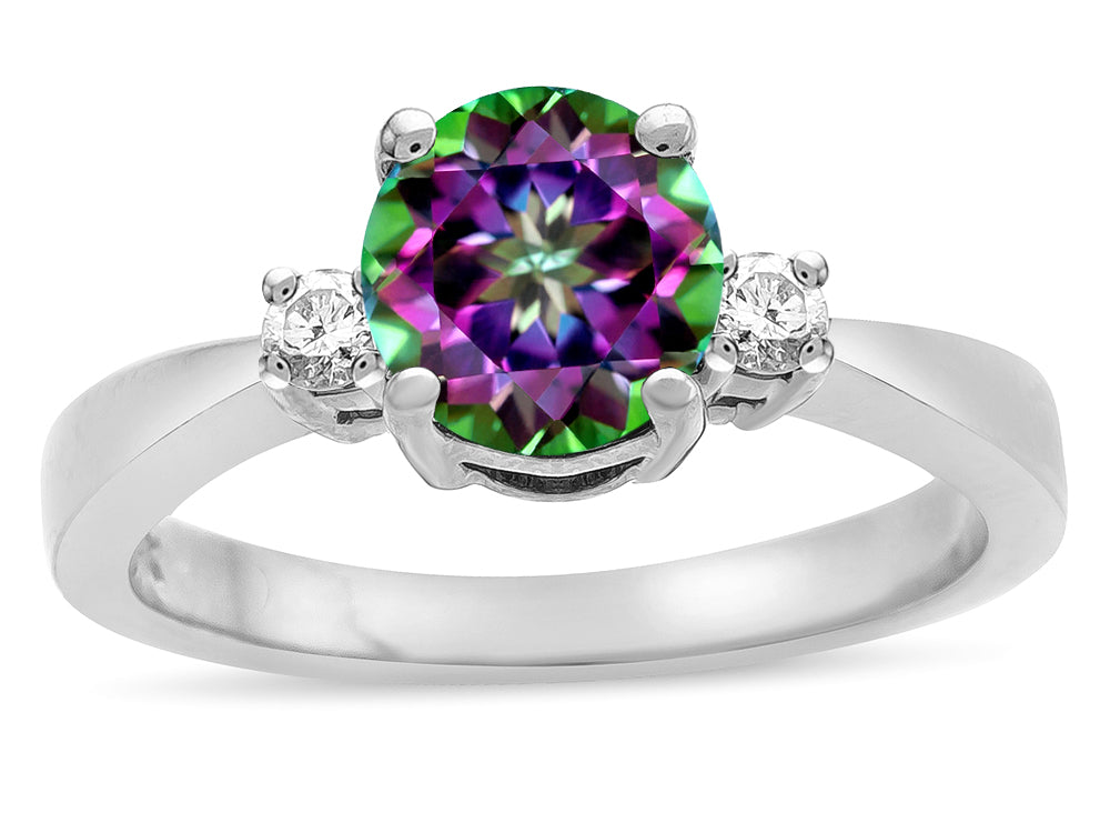 Star K  3 Three Stone Round Rainbow Mystic Topaz Classic Engagement Promise Ring