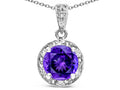 Star K Round 7mm Genuine Amethyst Classic Halo Pendant Necklace