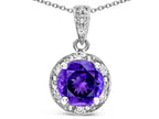 Star K Round 7mm Genuine Amethyst Classic Halo Pendant Necklace