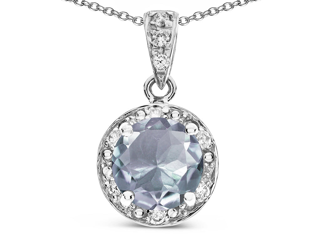 Star K Round 7mm Genuine Aquamarine Classic Halo Pendant Necklace