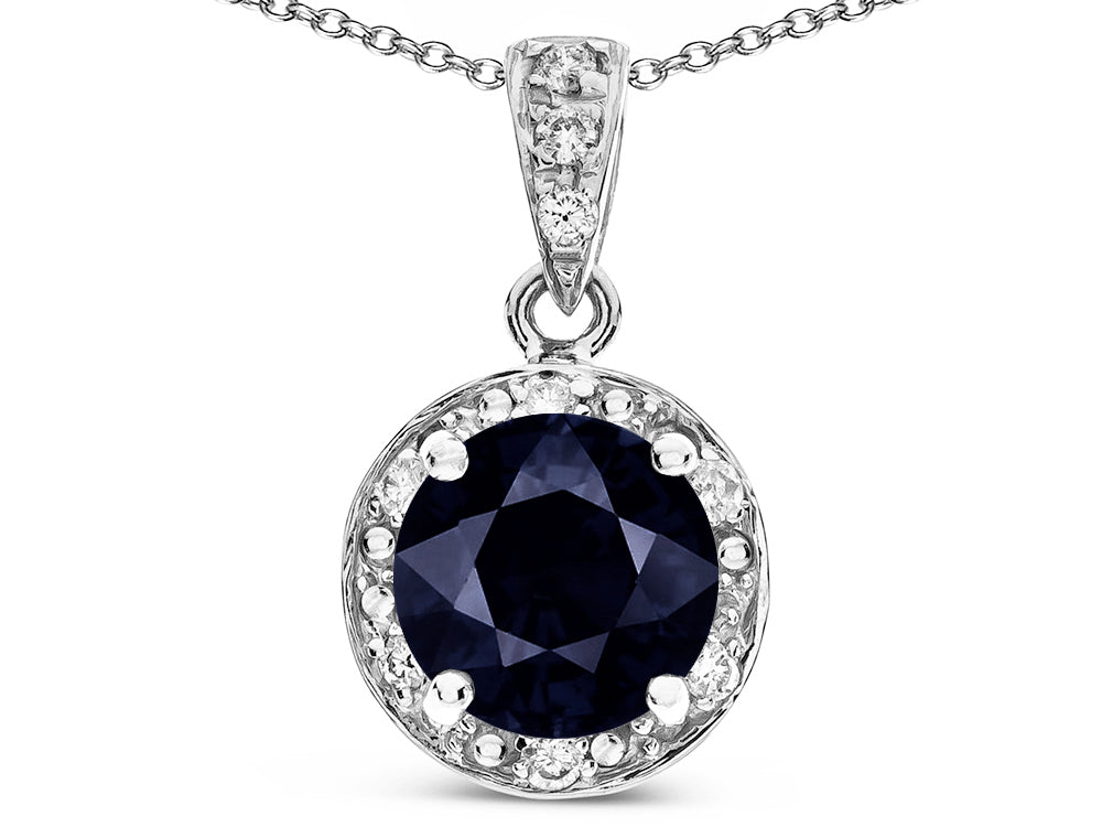 Star K Round 7mm Genuine Black Sapphire Classic Halo Pendant Necklace