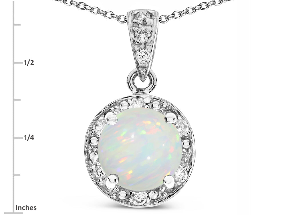 Star K Round 7mm Genuine Opal Classic Halo Pendant Necklace
