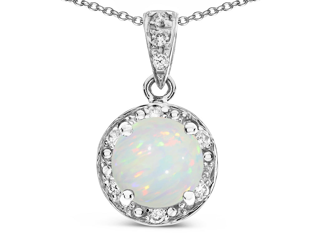 Star K Round 7mm Genuine Opal Classic Halo Pendant Necklace
