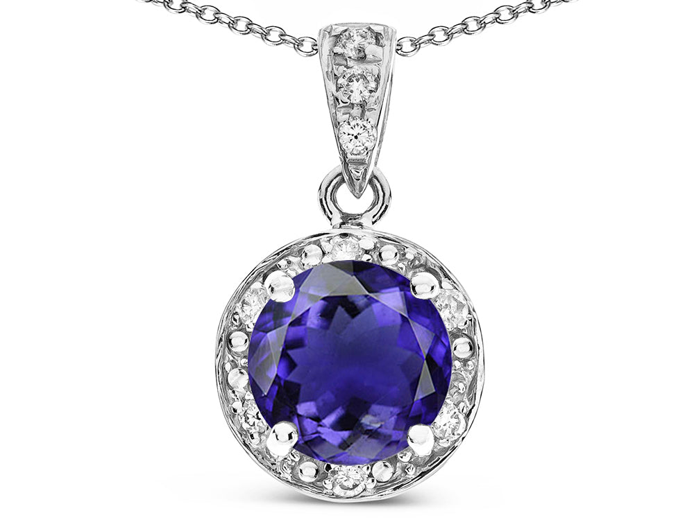 Star K Round 7mm Genuine Iolite Classic Halo Pendant Necklace
