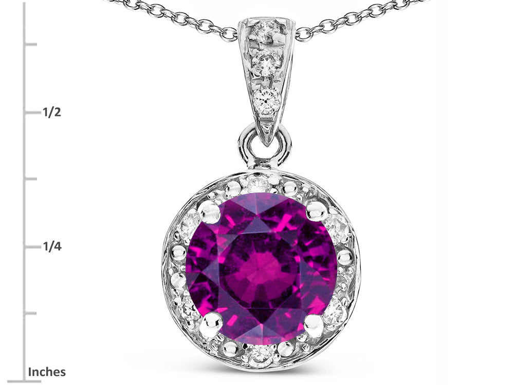Star K Round 7mm Genuine Rhodolite Classic Halo Pendant Necklace