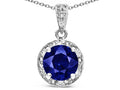 Star K Round 7mm Created Sapphire Classic Halo Pendant Necklace