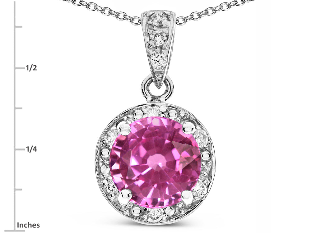 Star K Round 7mm Created Pink Sapphire Classic Halo Pendant Necklace