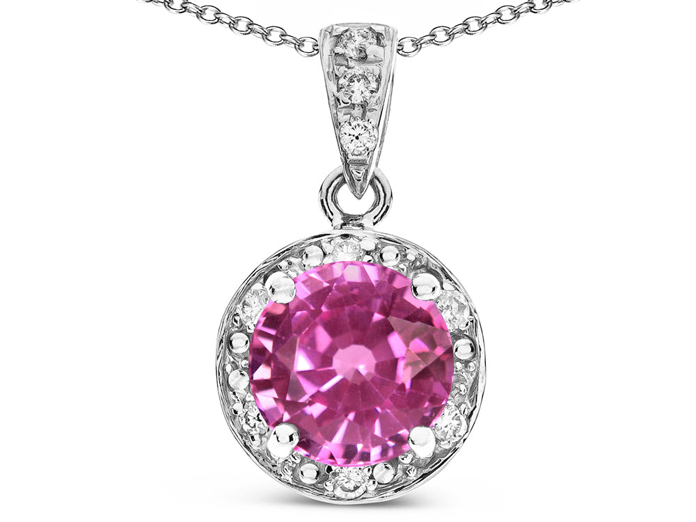 Star K Round 7mm Created Pink Sapphire Classic Halo Pendant Necklace