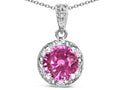 Star K Round 7mm Created Pink Sapphire Classic Halo Pendant Necklace