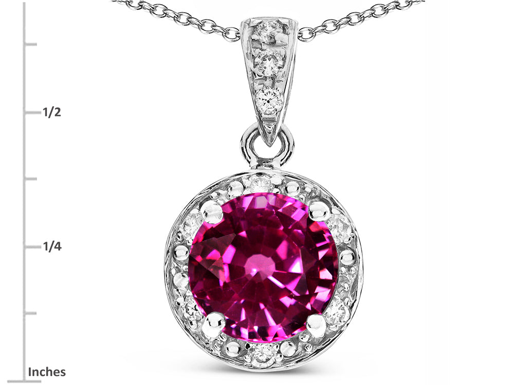 Star K Round 7mm Simulated Pink Tourmaline Classic Halo Pendant Necklace