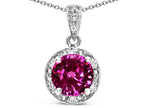 Star K Round 7mm Simulated Pink Tourmaline Classic Halo Pendant Necklace