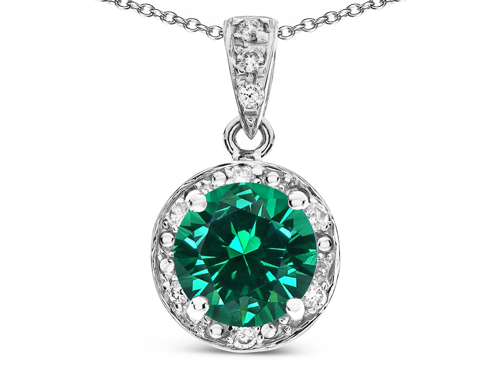 Star K Round 7mm Simulated Emerald Classic Halo Pendant Necklace