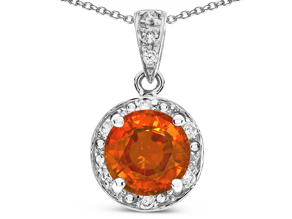 Star K Round 7mm Simulated Orange Mexican Fire Opal Classic Halo Pendant Necklace