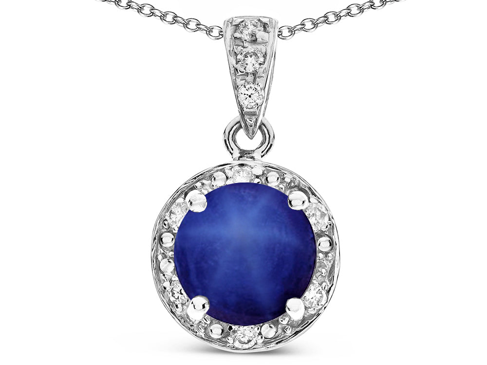 Star K Round 7mm Created Star Sapphire Classic Halo Pendant Necklace