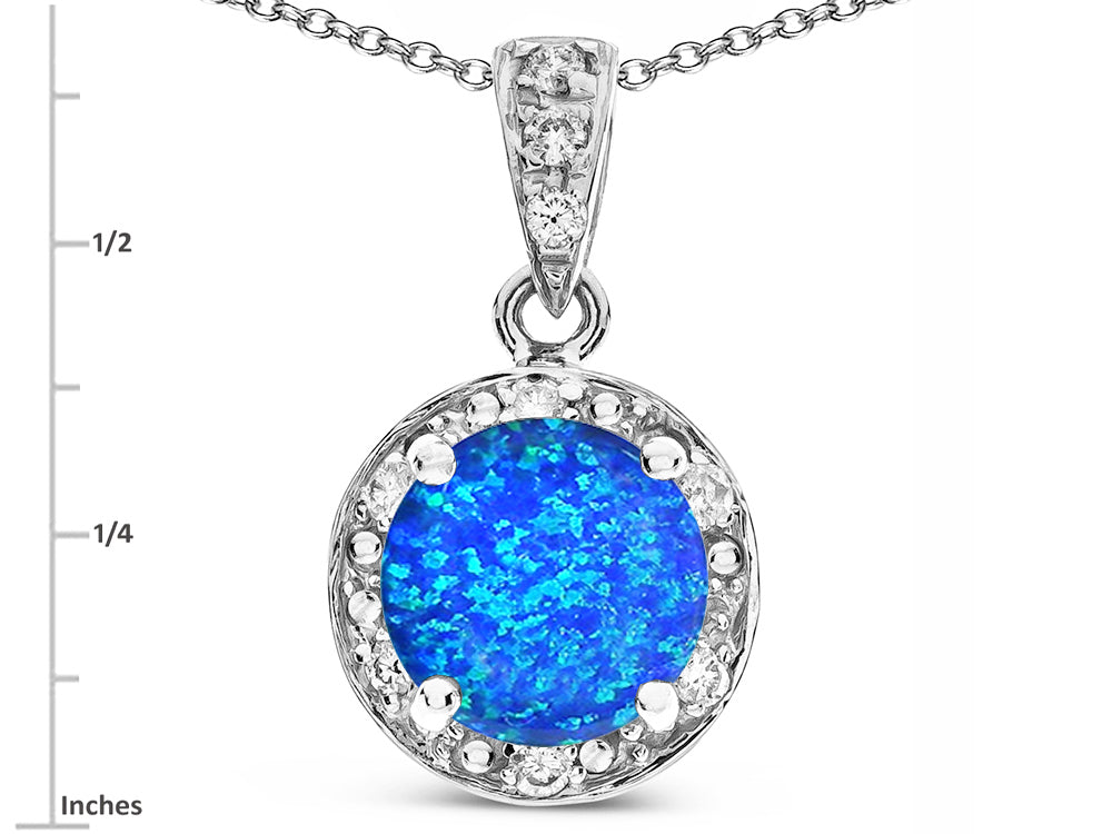 Star K Round 7mm Created Blue Opal Classic Halo Pendant Necklace