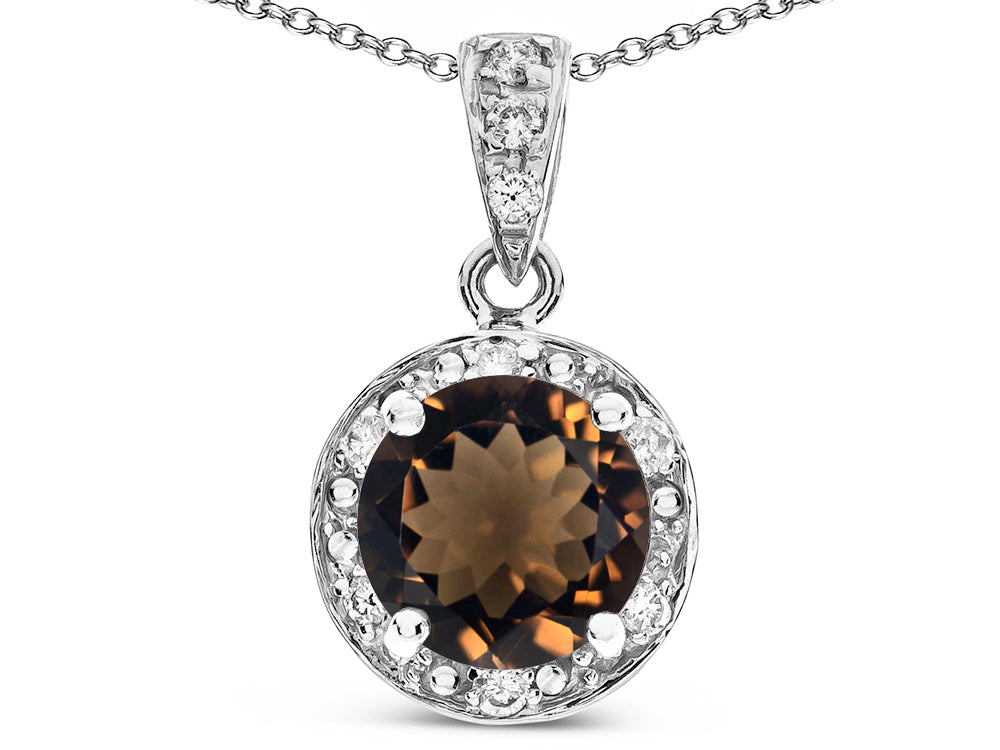 Star K Round 7mm Genuine Smoky Quartz Classic Halo Pendant Necklace