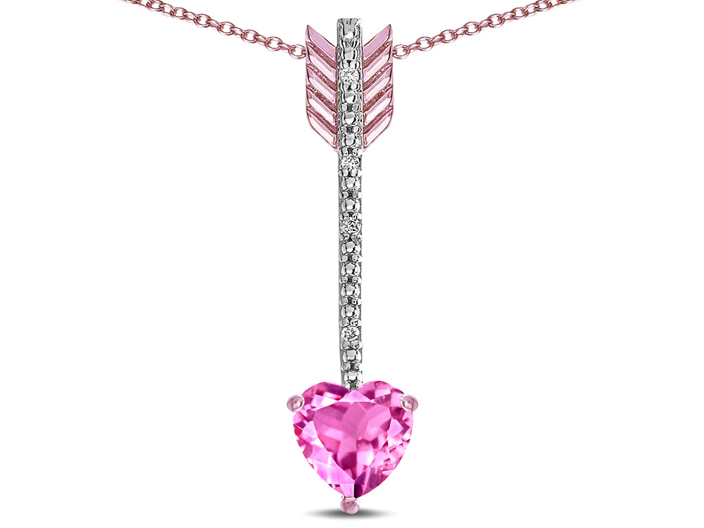 Star K 6mm Created Pink Sapphire Heart Arrow Bar Pendant Necklace