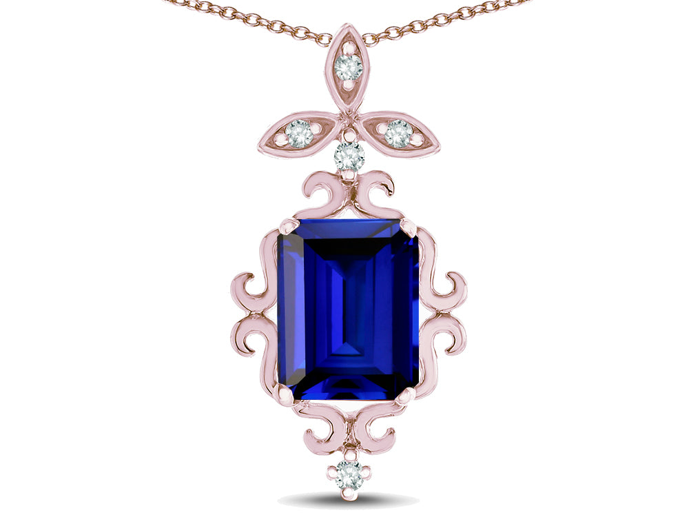 Star K Antique Vintage Design Octagon Cut Created Sapphire Pendent Necklace
