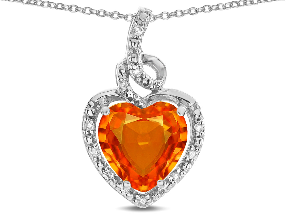 Star K Double Love Heart Halo Pendant Necklace with 8mm Simulated Orange Mexican Fire Opal
