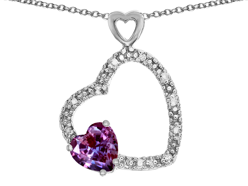 Star K Double Open Heart Pendant Necklace with 6mm Simulated Alexandrite Stone