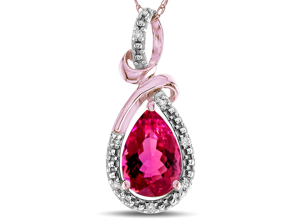 Star K Drop Halo Pear Shape Simulated Pink Tourmaline Pendant Necklace