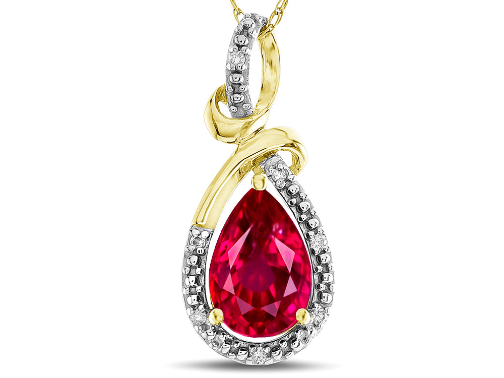 Star K Drop Halo Pear Shape Created Ruby Pendant Necklace