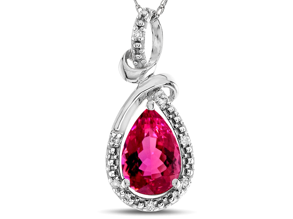 Star K Drop Halo Pear Shape Simulated Pink Tourmaline Pendant Necklace