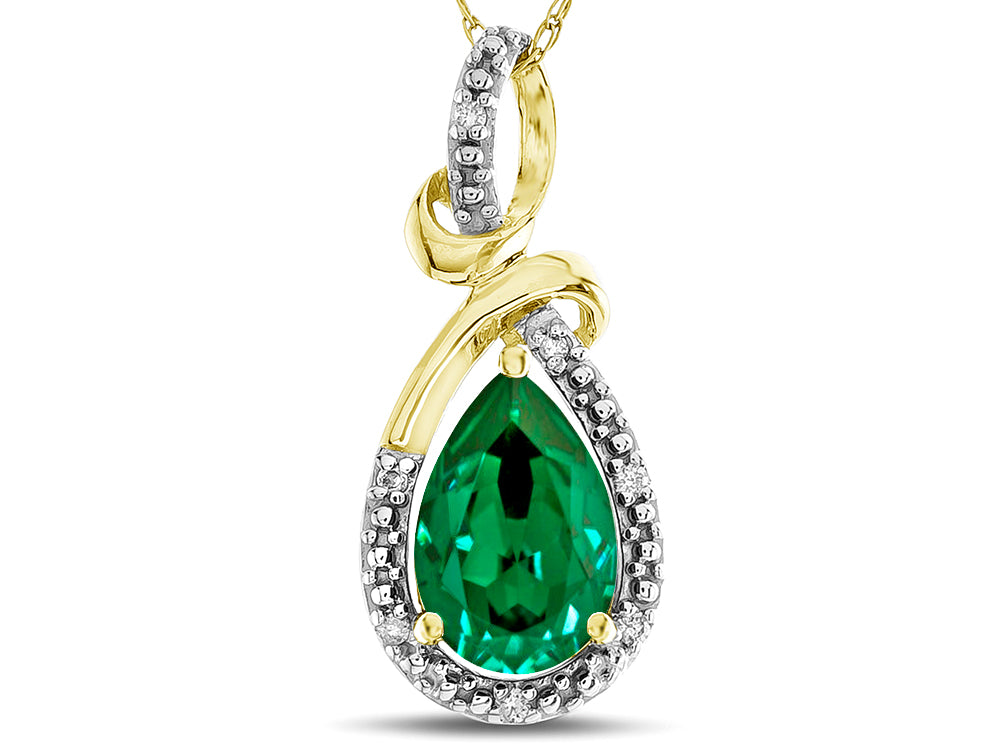 Star K Drop Halo Pear Shape Simulated Emerald Pendant Necklace