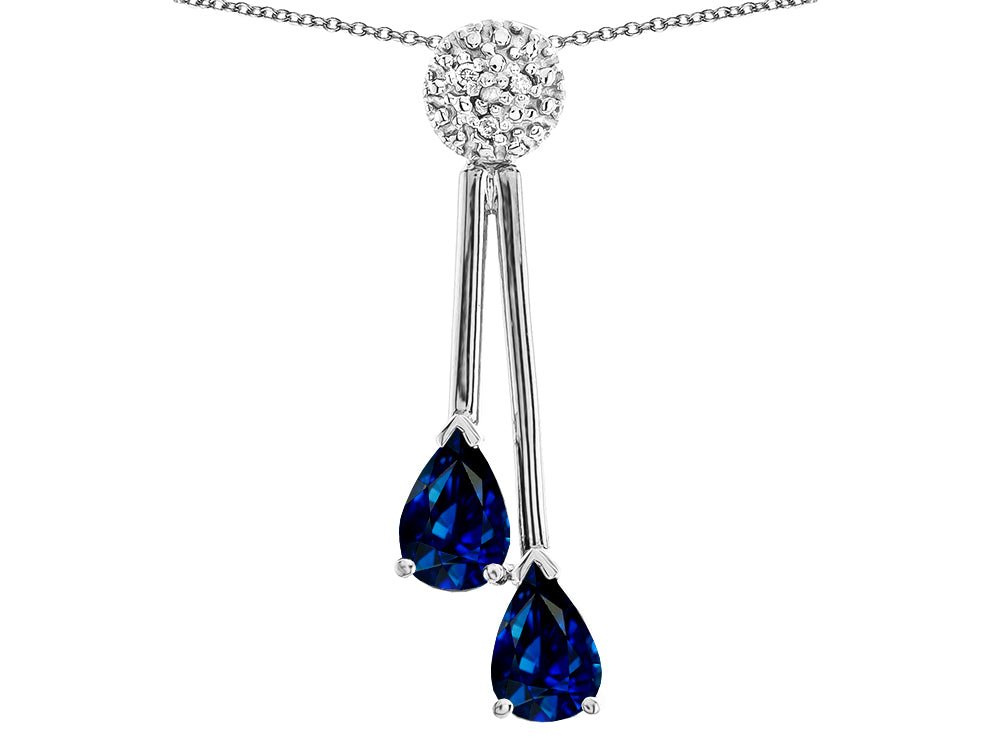 Star K Double Drop Pear Shape Ball Bar Created Sapphire Pendant Necklace
