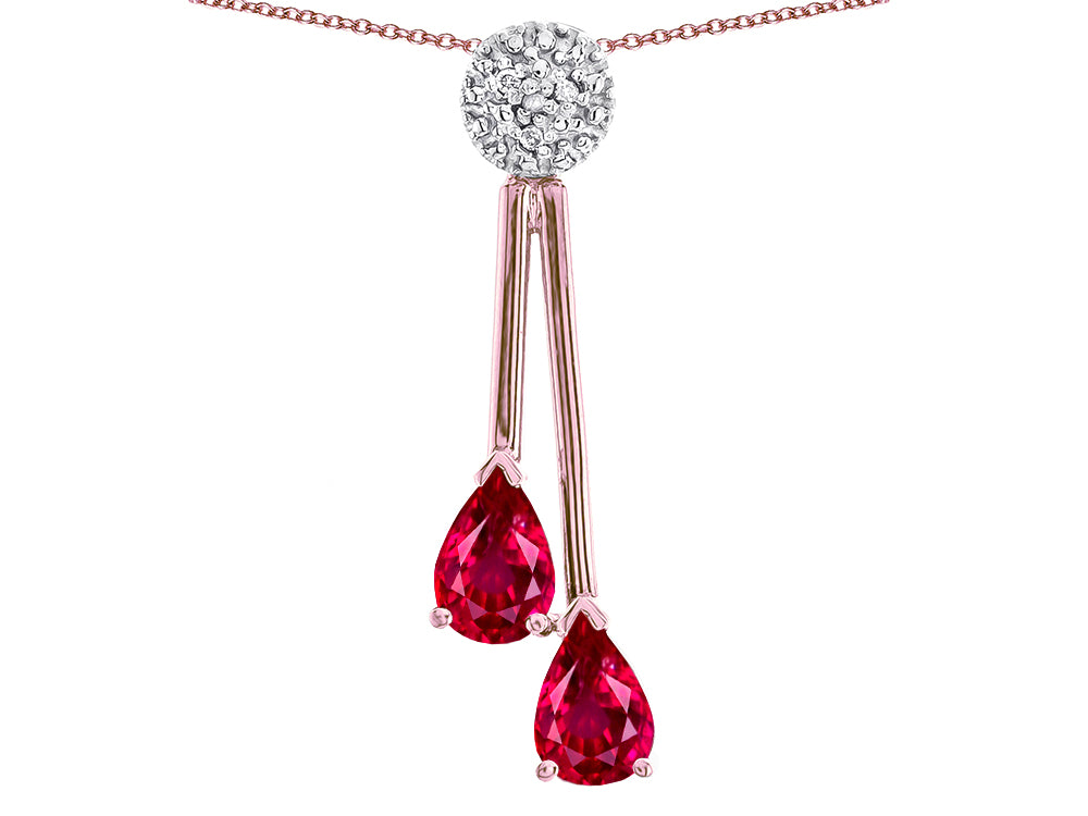 Star K Double Drop Pear Shape Ball Bar Created Ruby Pendant Necklace