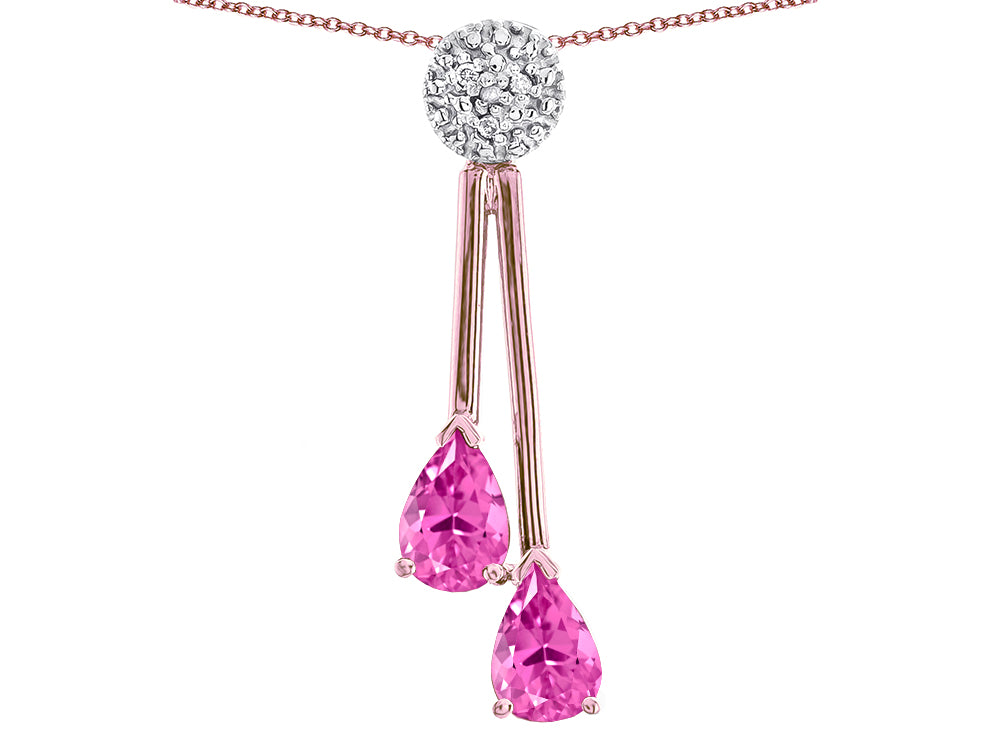 Star K Double Drop Pear Shape Ball Bar Created Pink Sapphire Pendant Necklace