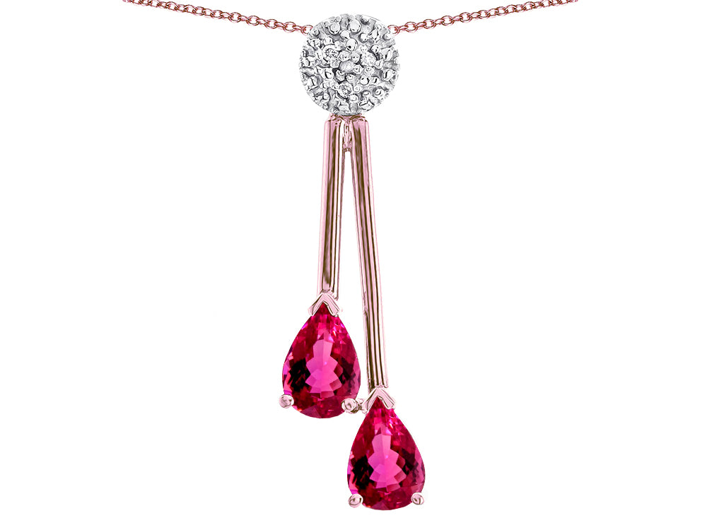 Star K Double Drop Pear Shape Ball Bar Simulated Pink Tourmaline Pendant Necklace