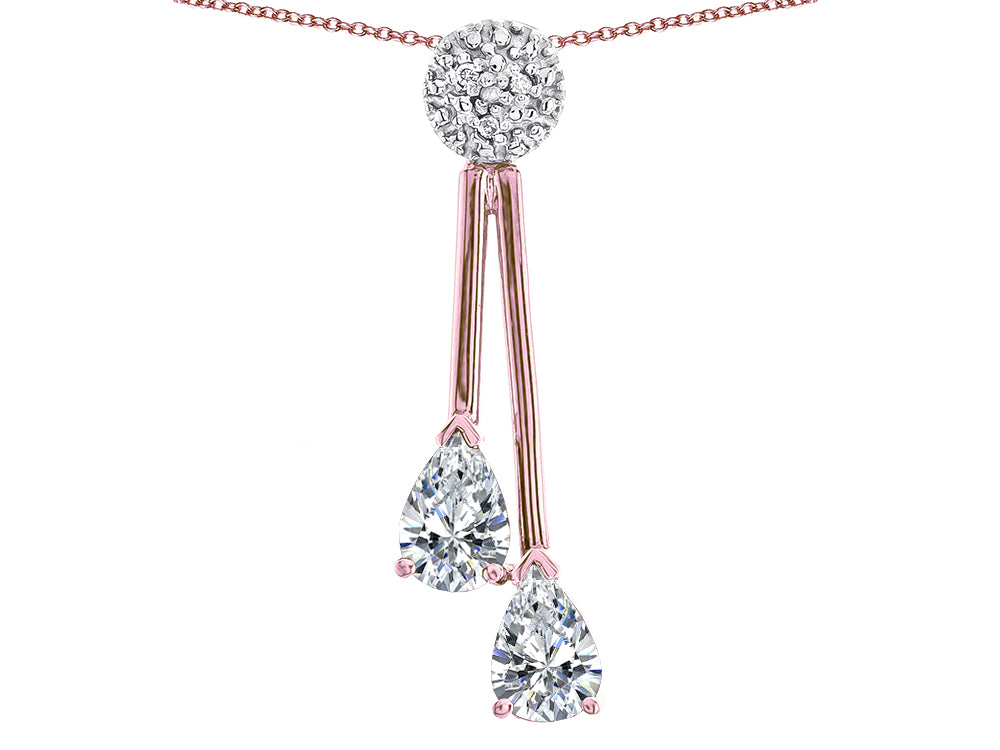 Star K Double Drop Pear Shape Ball Bar Genuine White Topaz Pendant Necklace