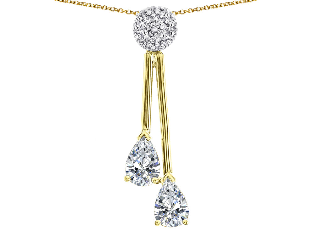 Star K Double Drop Pear Shape Ball Bar Genuine White Topaz Pendant Necklace