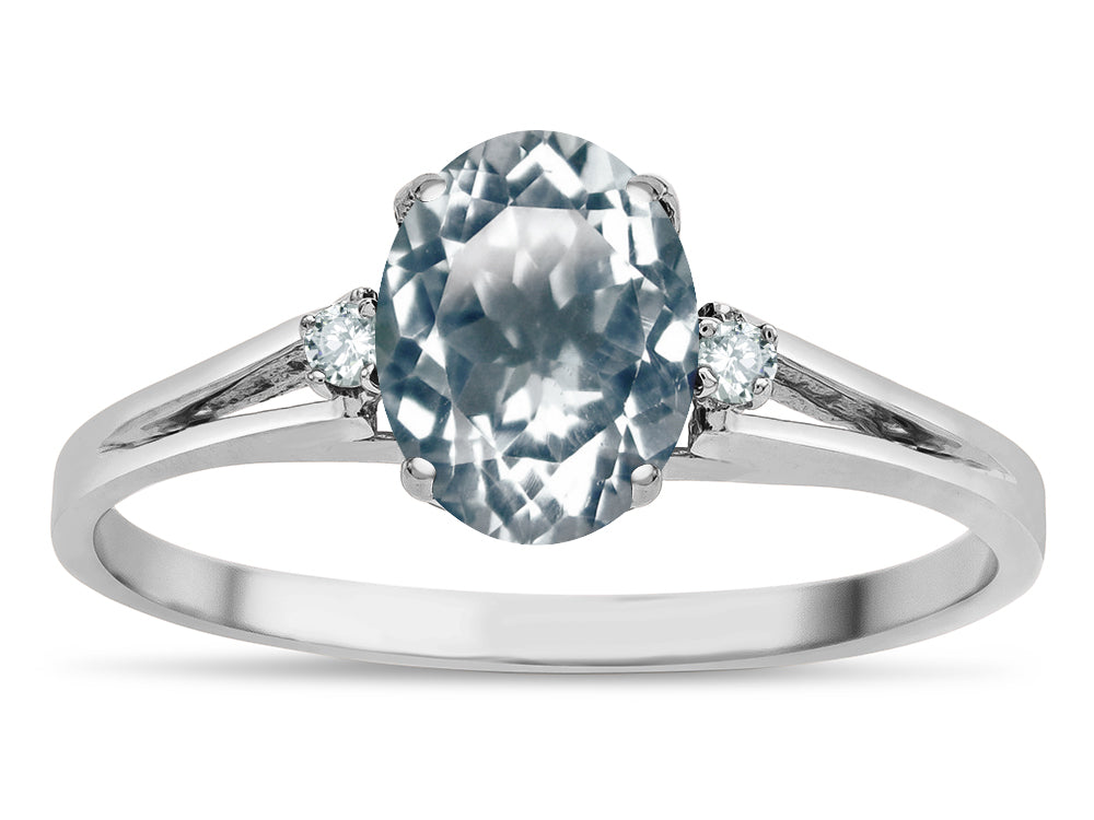 Star K  Oval 8x6 Genuine Aquamarine Split Shank Three Stone Engagement Promise Ring