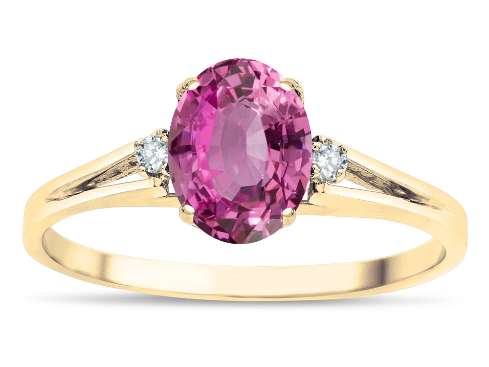 Star K ™ Oval 8x6 Created Pink Sapphire Split Shank Three Stone Engagement Promise Ring