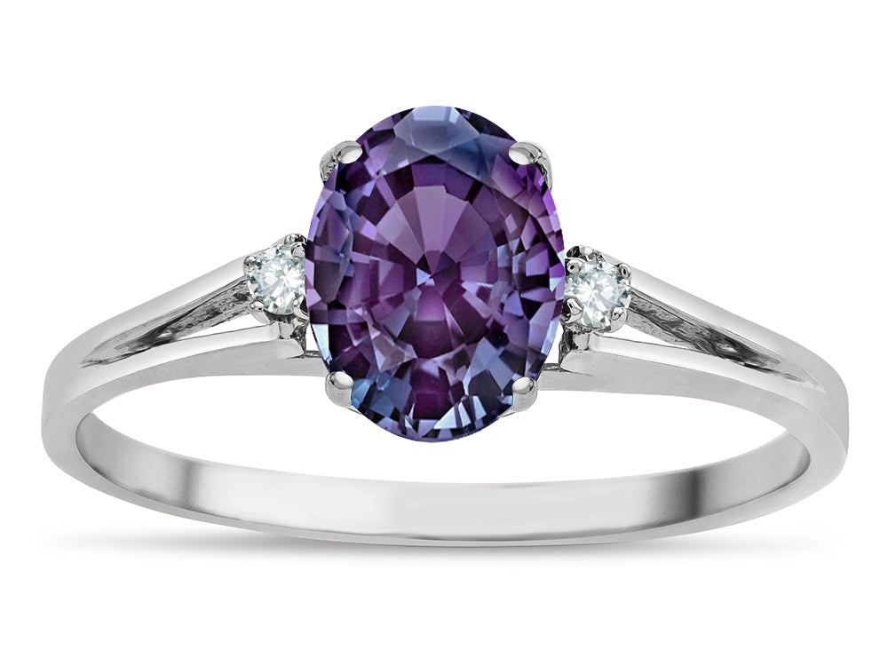 Star K ™ Oval 8x6 Simulated Alexandrite Split Shank Three Stone Engagement Promise Ring