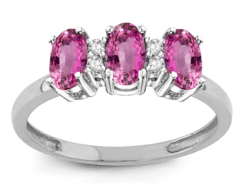Star K Simulated Pink Tourmaline 3 Three Oval Stones Promise Ring Wedding Band