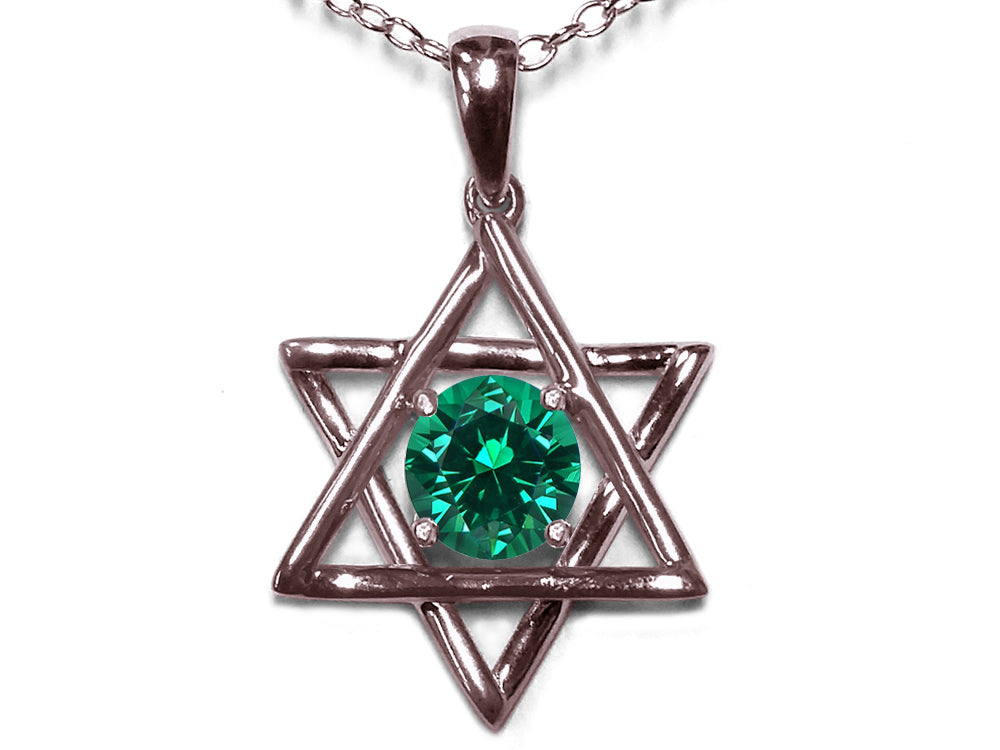 Star K Jewish Star of David Pendant Necklace with Round Simulated Emerald