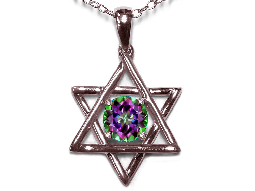 Star K Jewish Star of David Pendant Necklace with Round Rainbow Mystic Topaz