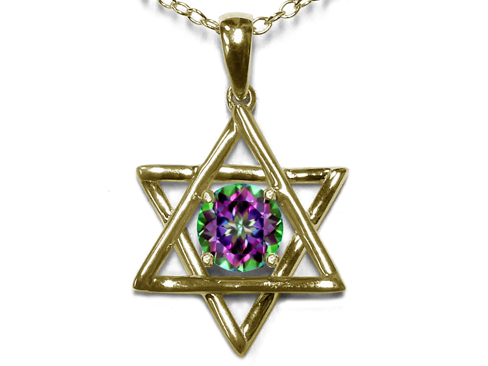 Star K Jewish Star of David Pendant Necklace with Round Rainbow Mystic Topaz