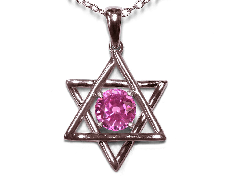 Star K Jewish Star of David Pendant Necklace with Round Created Pink Sapphire