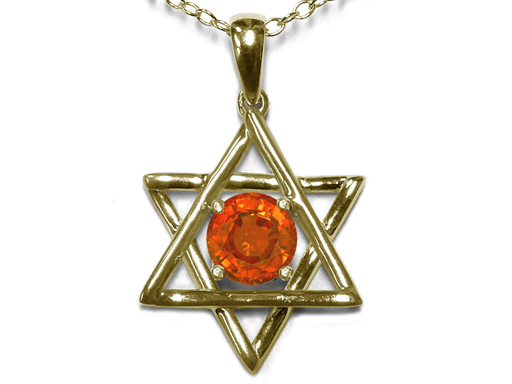 Star K Jewish Star of David Pendant Necklace with Round Simulated Orange Mexican Fire Opal