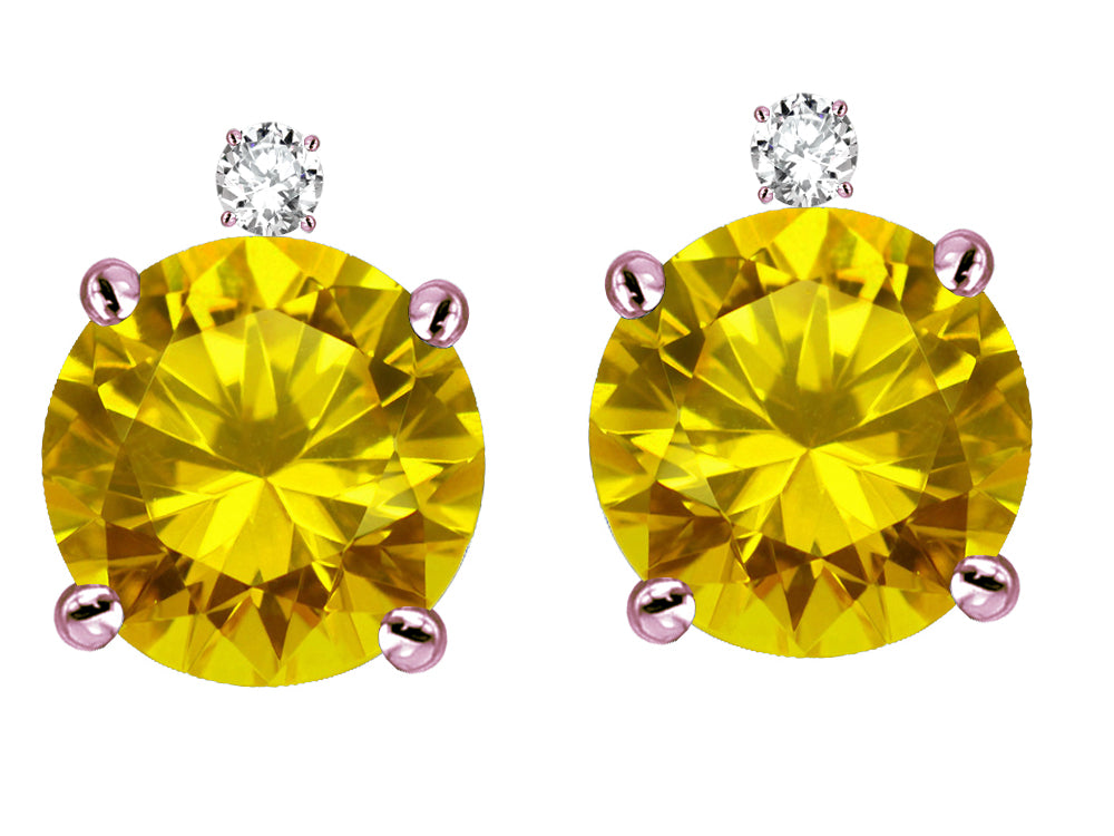 Star K Round 7mm Genuine Citrine Stud Earrings with Accent Stone on Top