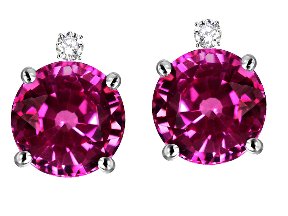 Star K Round 7mm Simulated Pink Tourmaline Screw Back Stud Earrings with Accent Stone on Top