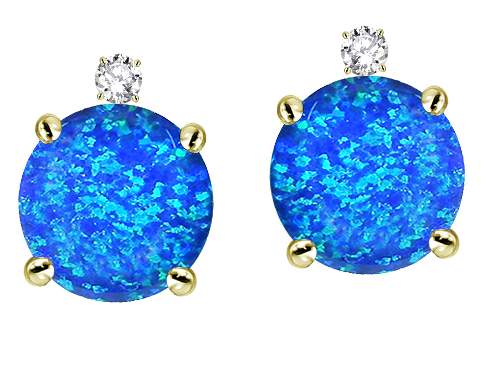 Star K Round 7mm Created Blue Opal Screw Back Stud Earrings with Accent Stone on Top
