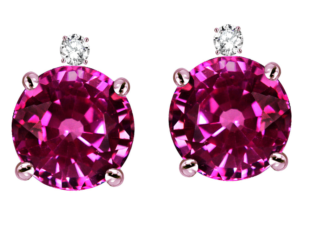 Star K Round 7mm Simulated Pink Tourmaline Screw Back Stud Earrings with Accent Stone on Top