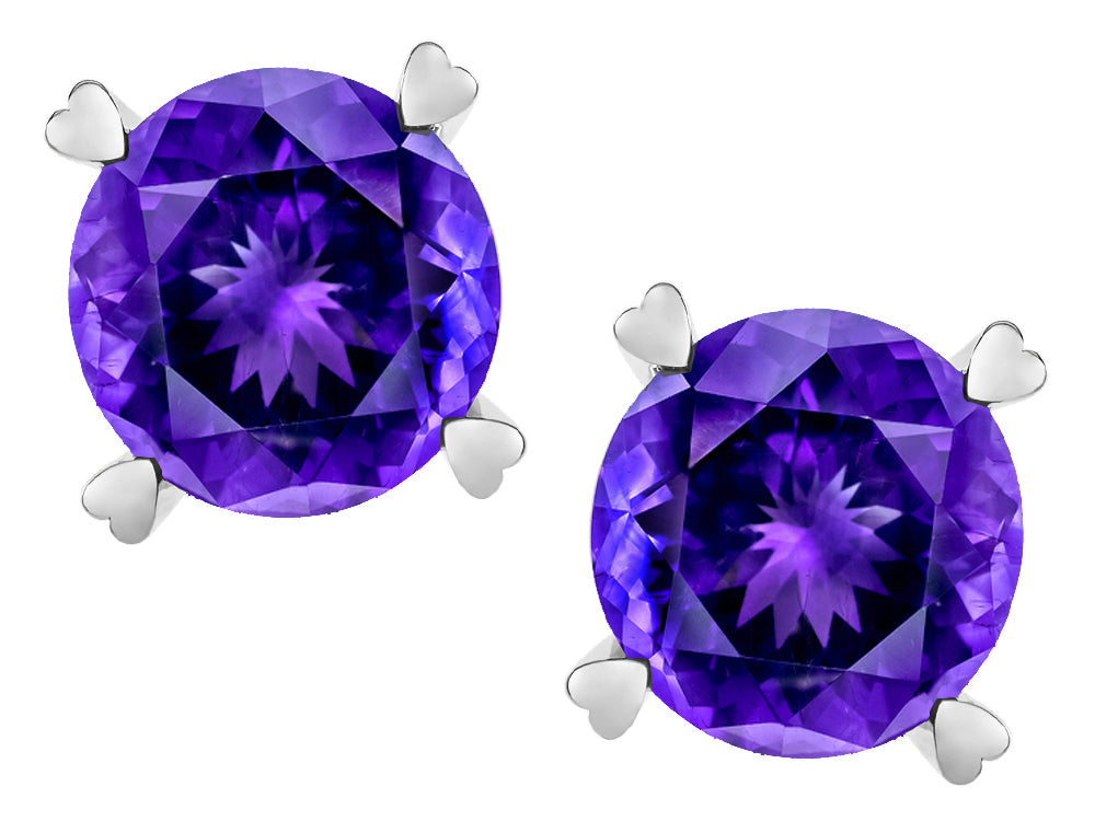 Star K Round 7mm Genuine Amethyst Push Back Stud Earrings with Heart Prongs