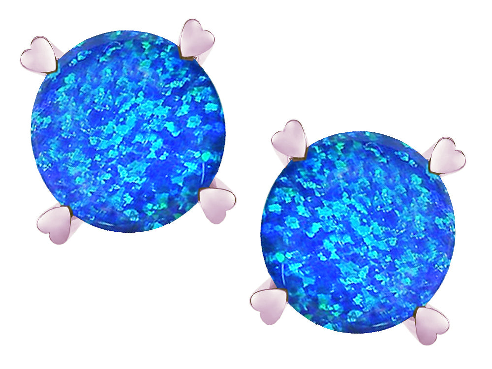 Star K Round 7mm Created Blue Opal Push Back Stud Earrings with Heart Prongs